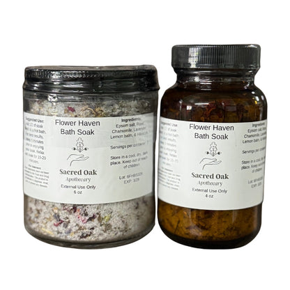 Two bottles of Flower Haven Bath Salts on a white background