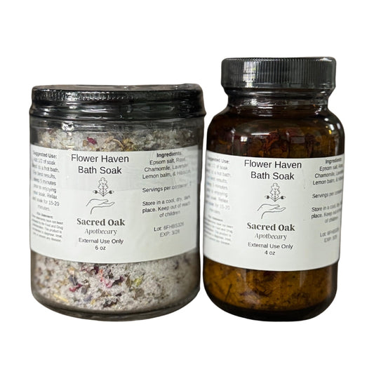Two bottles of Flower Haven Bath Salts on a white background