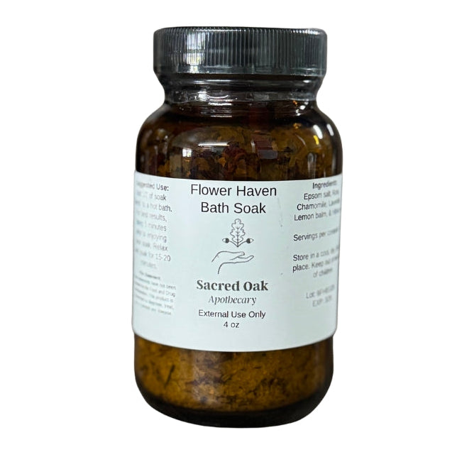 Bottle of 'Flower Haven' bath soak with a label on a white background